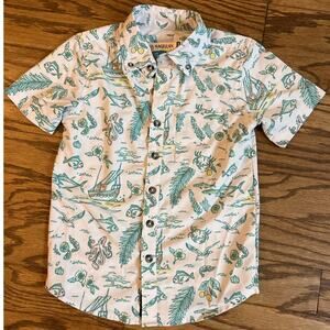 Magellan Boys XS 4/5 White and Teal Seafood Printed Vented Fishing Shirt EUC